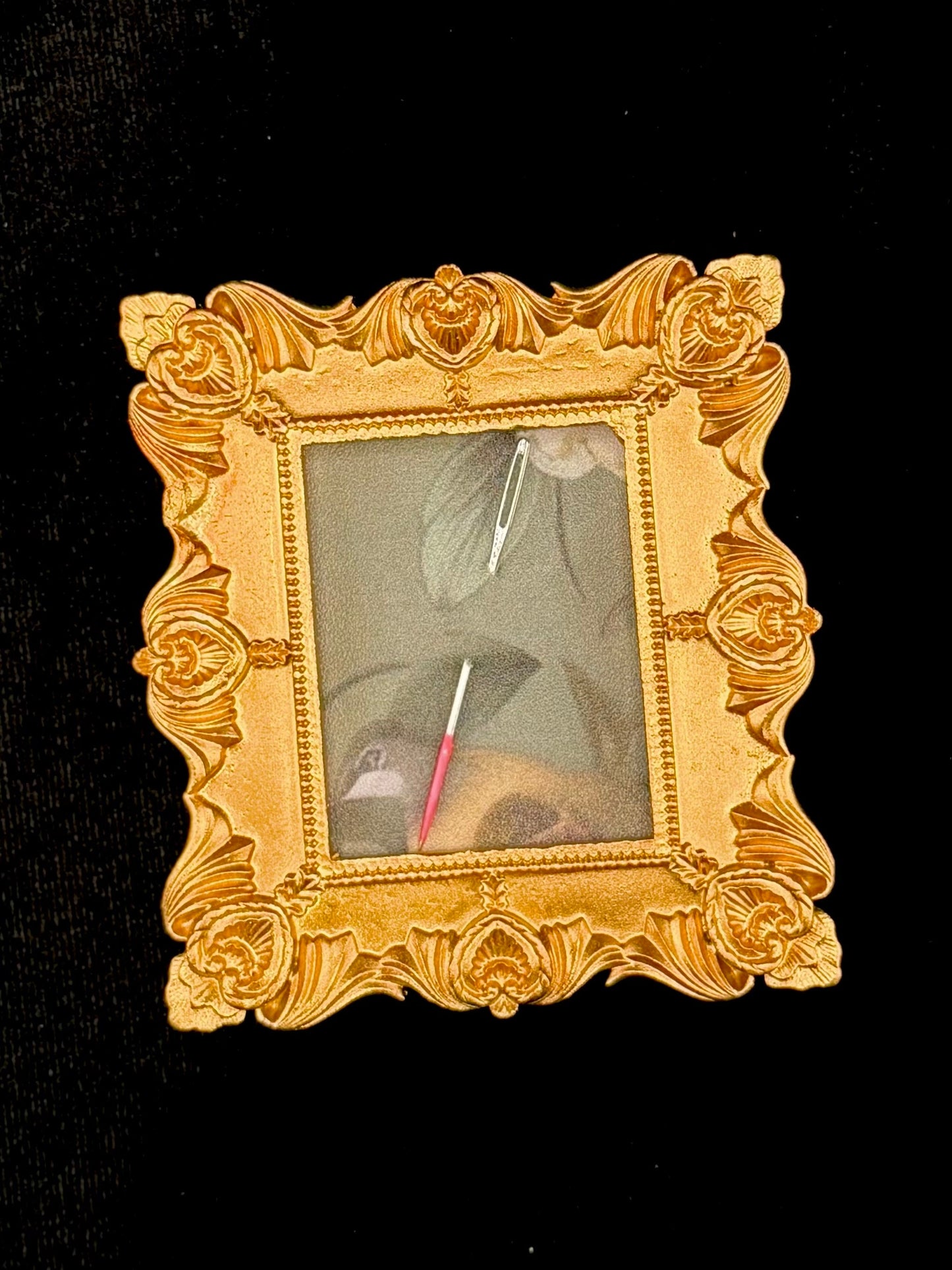 Sharp Objects keepsake — chinoiserie frame with sewing needle